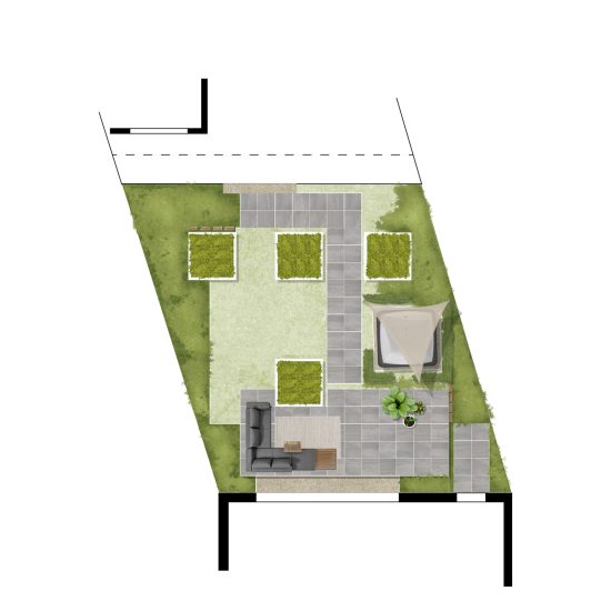 Het terras aan huis is zwevend gemaakt voor een extra modern effect.