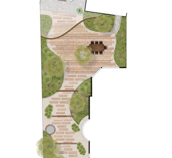 Ontwerp achtertuin met speelse borders en verspringende (stap)tegels.