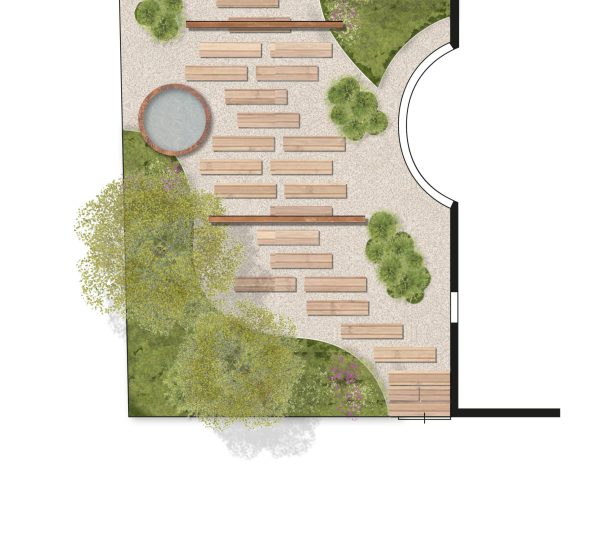 Pad van staptegels onder de drie pergola's door.