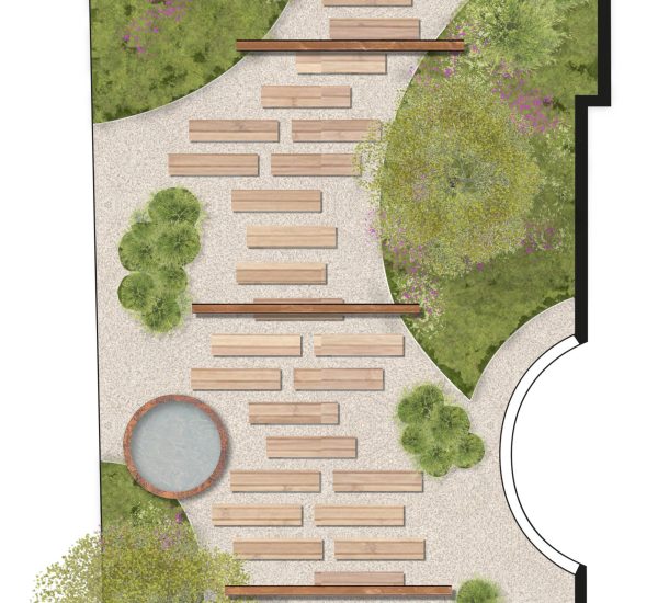 Pad van staptegels onder de drie pergola's door. Waterelement op het uitzicht van de erker aan de zijkant van de woning.