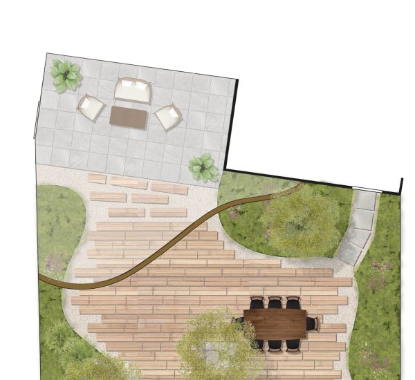 Overkapping steekt uit over de borders en een deel van het terras om zo de twee ruimtes bij elkaar te betrekken.