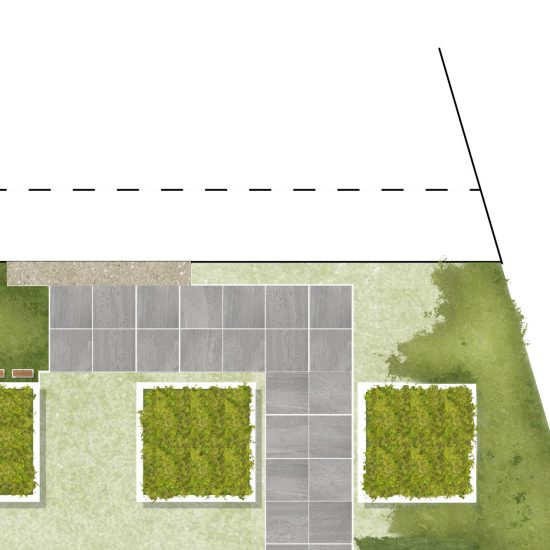 Door de plantenbakken te herhalen krijgt de tuin eenvoud en een moderne uitstraling. Door de bakken deels in de borders en het terras te laten vallen wordt het wat speelser.