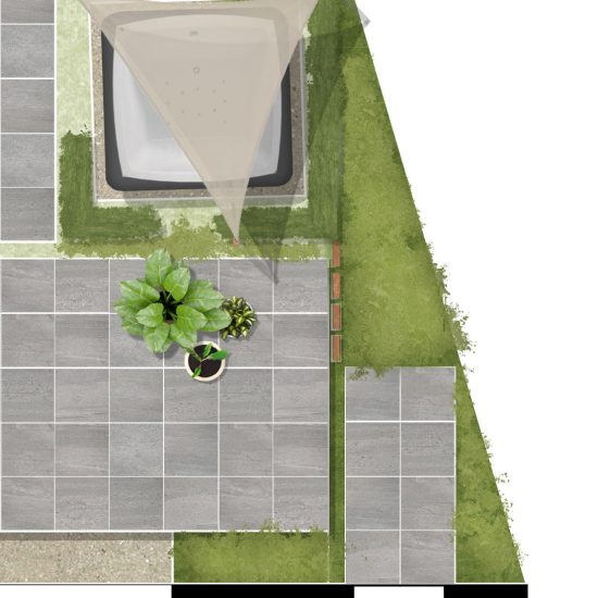 De jacuzzi heeft een belangrijke invloed op het ontwerp. Er is hiervoor gekozen om het wat meer privacy te geven door het in te pakken met beplanting en een schaduwdoek voor warme zomers. Zo is de jacuzzi ook minder opzichtig langs het terras.