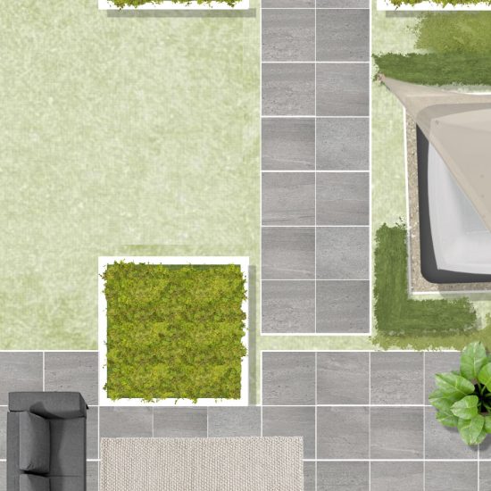 De jacuzzi heeft een belangrijke invloed op het ontwerp. Er is hiervoor gekozen om het wat meer privacy te geven door het in te pakken met beplanting en een schaduwdoek voor warme zomers. Zo is de jacuzzi ook minder opzichtig langs het terras.
