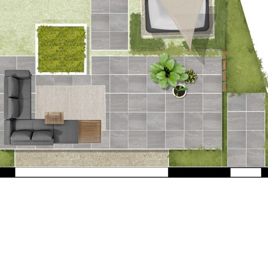 Ruim terras met doorloop naar de overkapping achterin de tuin