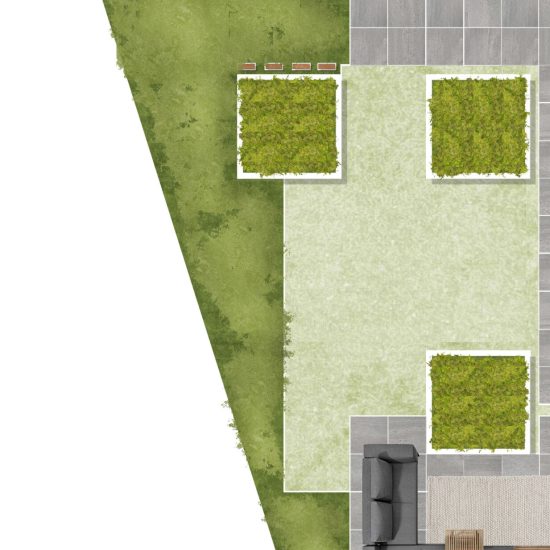 De tuin loopt schuin naar achter. Door de borders op deze manier in te richten wordt deze schuine lijn weer opgevangen. De plantenbak valt hier weer deels in de border.