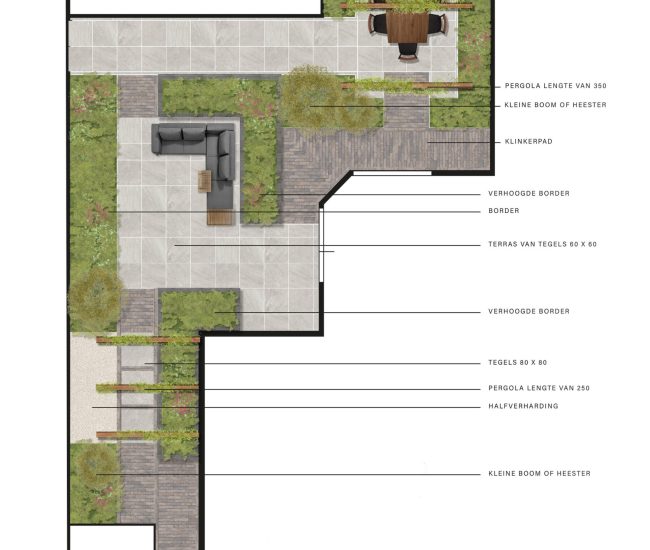 In totaal zijn er drie zitplekken in deze tuin. De overkapping is bestaand en aan de rechterkant hiervan een nieuw terras met pergola's om te dineren tussen het groen. 
De loungebank is ook door borders omringd en het pad naar de poort wordt, door dezelfde pergola's als achterin de tuin, begeleid waardoor je als het ware ook op deze plek een groene doorgang krijgt.