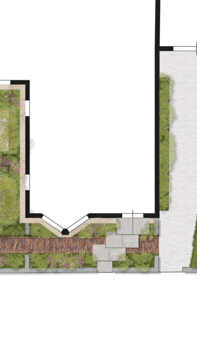 Voortuin met klinkerpaden, staptegels en voornamelijk borders. De tegels bij de voordeur vormen een brede trap.
