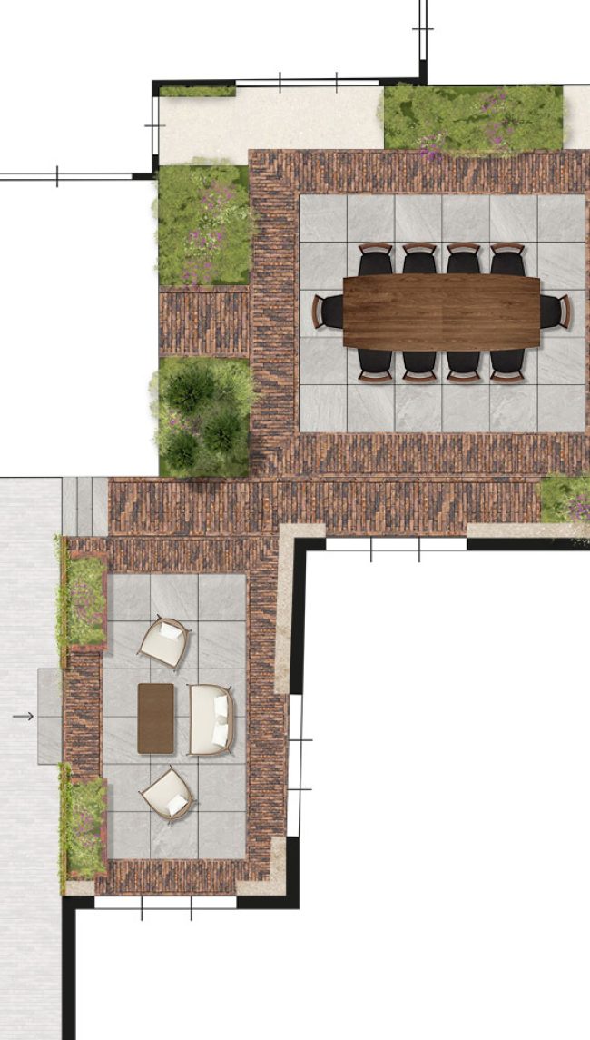 Een groot terras waar een eettafel voor 10 personen ruim op kan plaats nemen. Daarnaast nog een wat kleiner terras met verhoogde borders voor een lougeset.