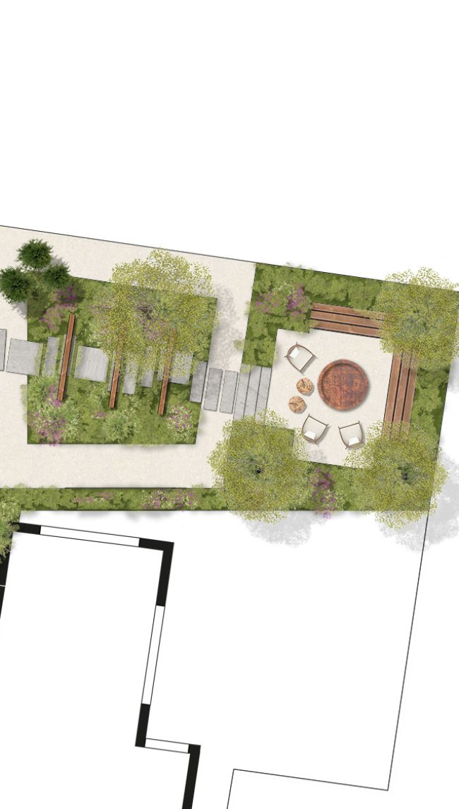 De border aan de linkerkant moet echt de eye-catcher van de tuin worden. Door middel van verspringende staptegels en drie pergola's kun je door deze border heen lopen richting de zitkuil.
